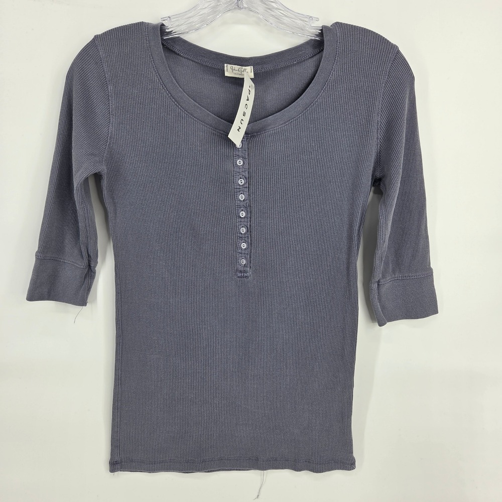 John Galt Henley Top OS Gray Ribbed 3/4 Sleeve Cotton Basics Indie Clean Girl